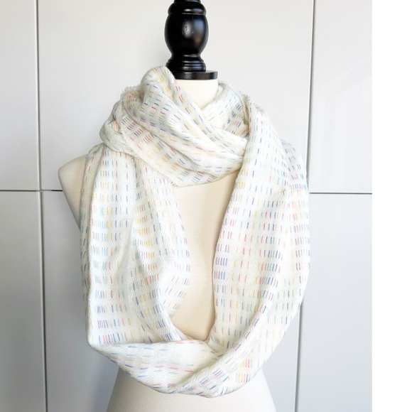 Christopher & Banks Infinity Scarf Colorful Stitching Pattern White Pink Yellow - Picture 6 of 8